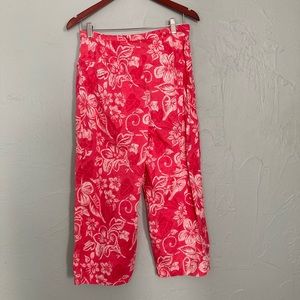 Talbots 
10 Capris 
Pink with white flowers
Pics look red but really pink